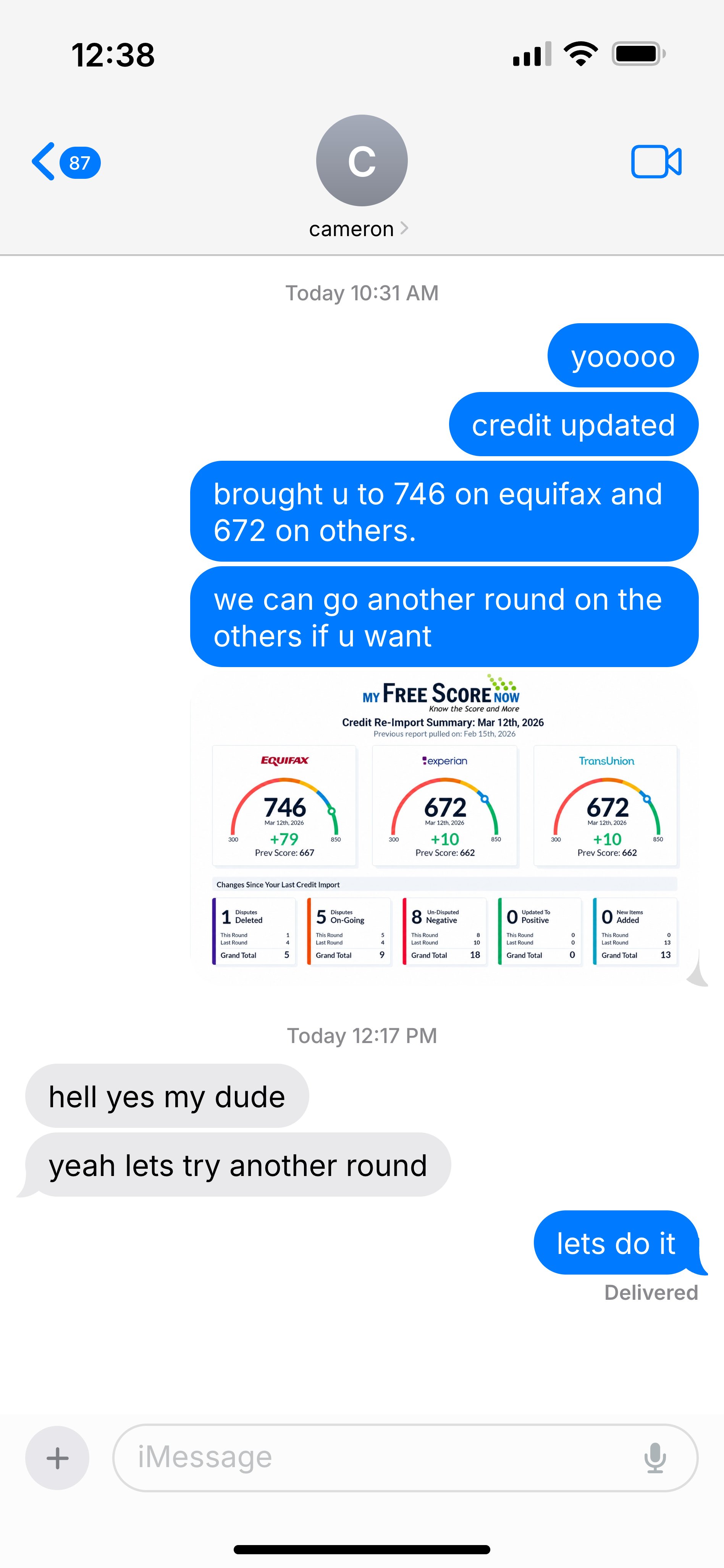 Cameron — credit score increase